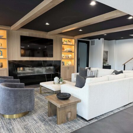 Modern living room with built-in shelves, fireplace, and comfortable seating.