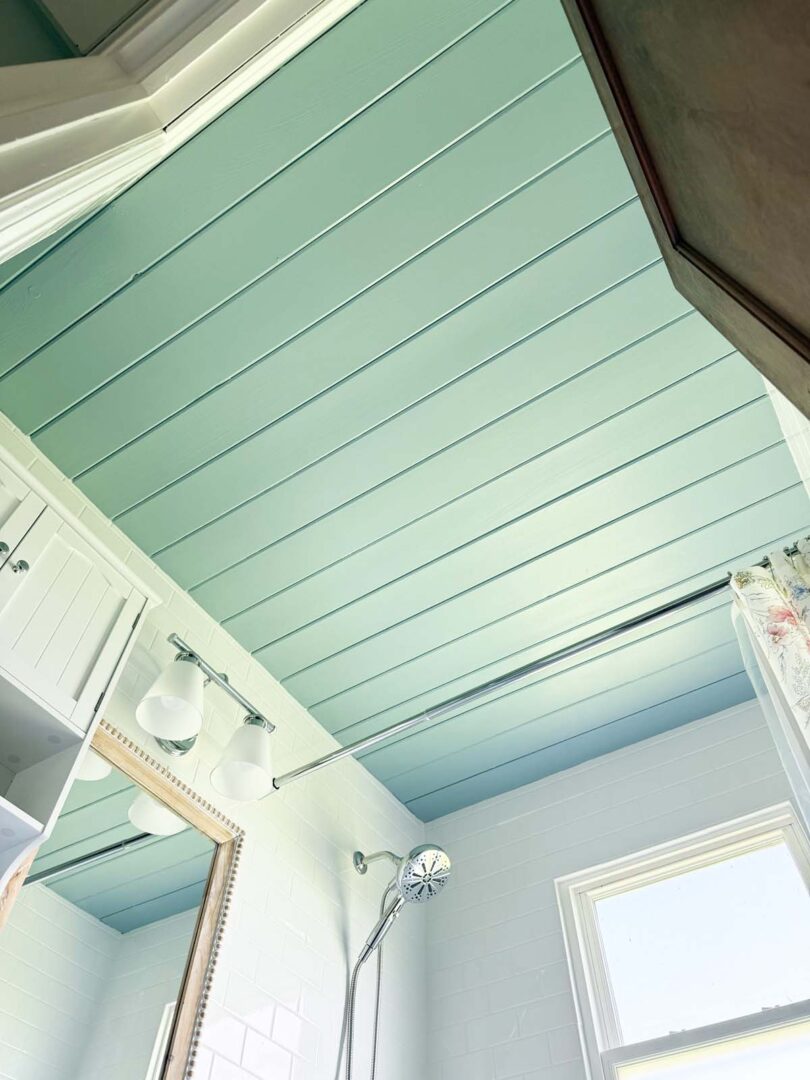 Interior view of a bathroom with a blue ceiling, white walls, and natural light from a window.