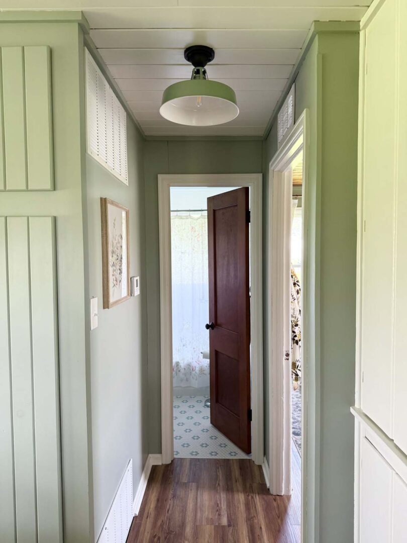 Bright green hallway with wooden door and natural light from adjacent room.