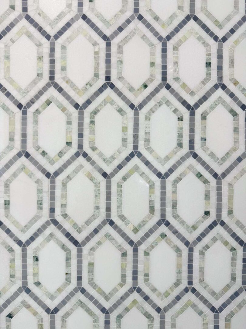 Geometric tile pattern with hexagon and octagon shapes in shades of white, gray, and green, used as.